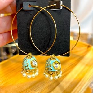 Baby blue 10k gold plated hoop jhumka earrings minimal statement